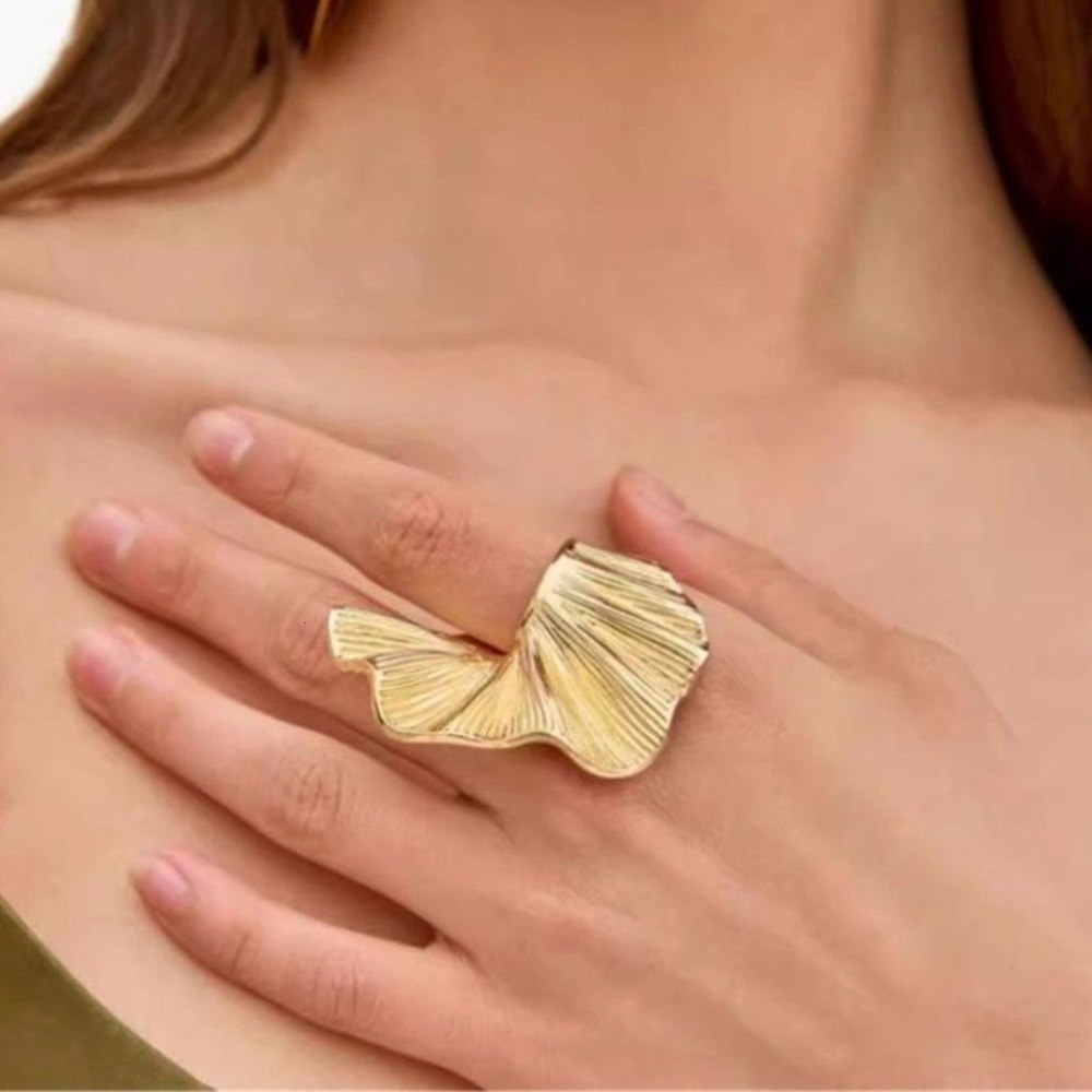 Gold Statement Ring, Contemporary Chunky Wave Design, Size 7
